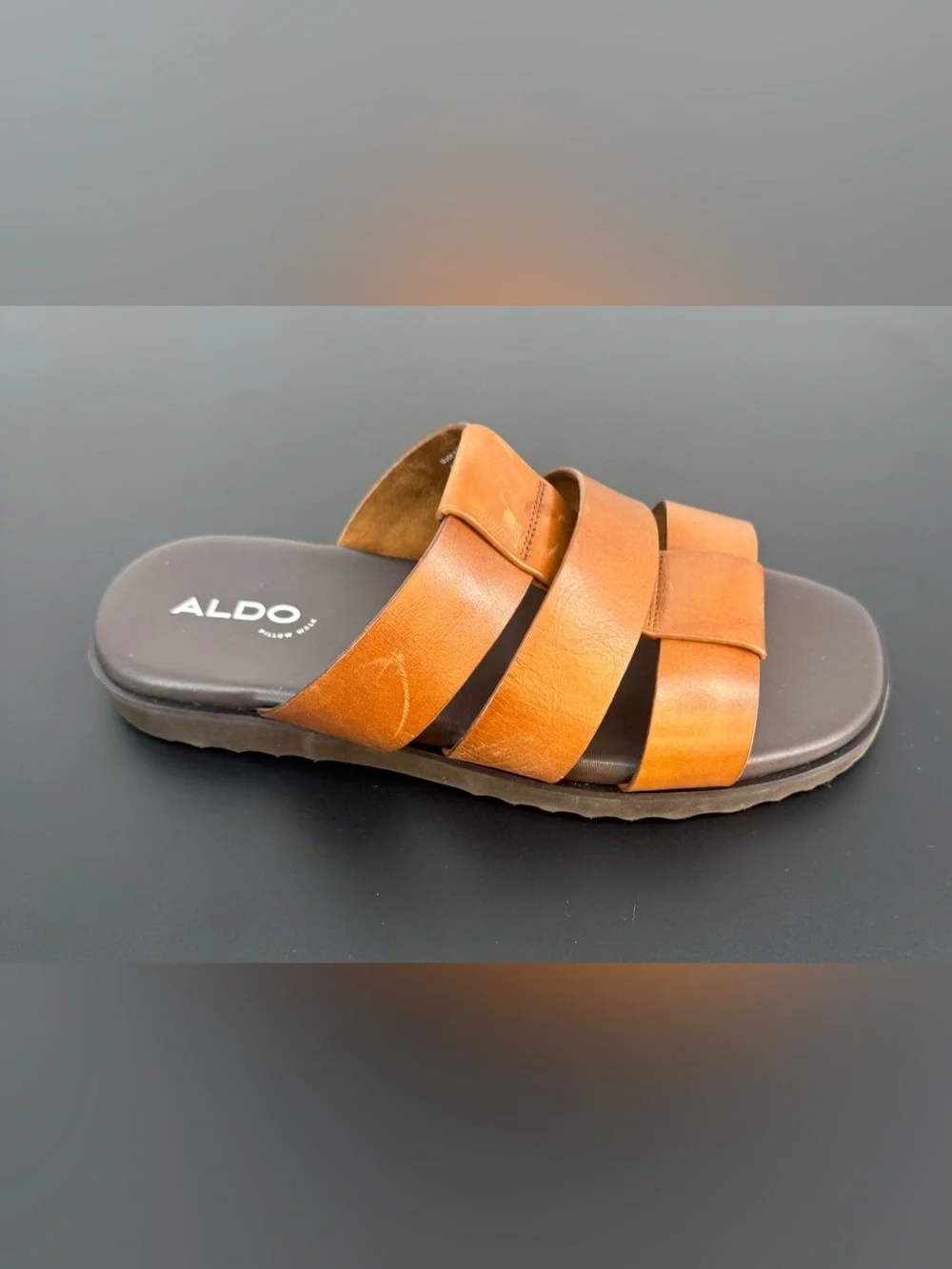 Aldo Men’s Tan Triple-Strap Leather Slide Sandals Size 10